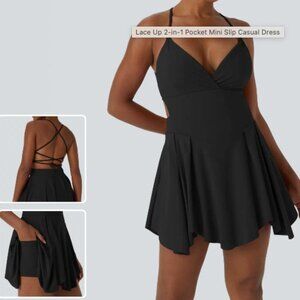 NWT NEW Halara Lace Up 2-in-1 Pocket Mini Slip Casual Dress in Black XL